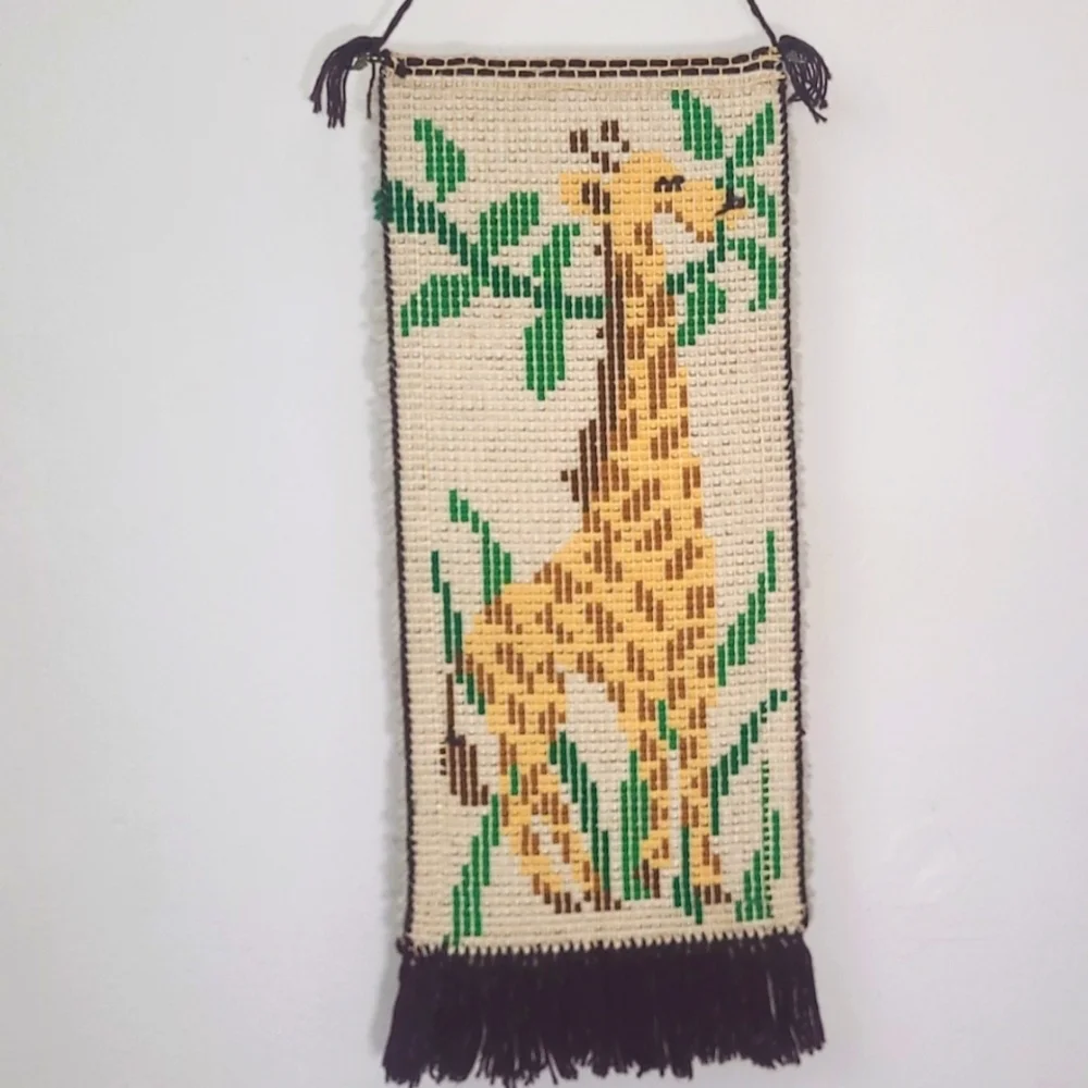 Giraffe Latch Hook Handmade  in USA Vintage Brass hanger Yellow Brown Green EUC